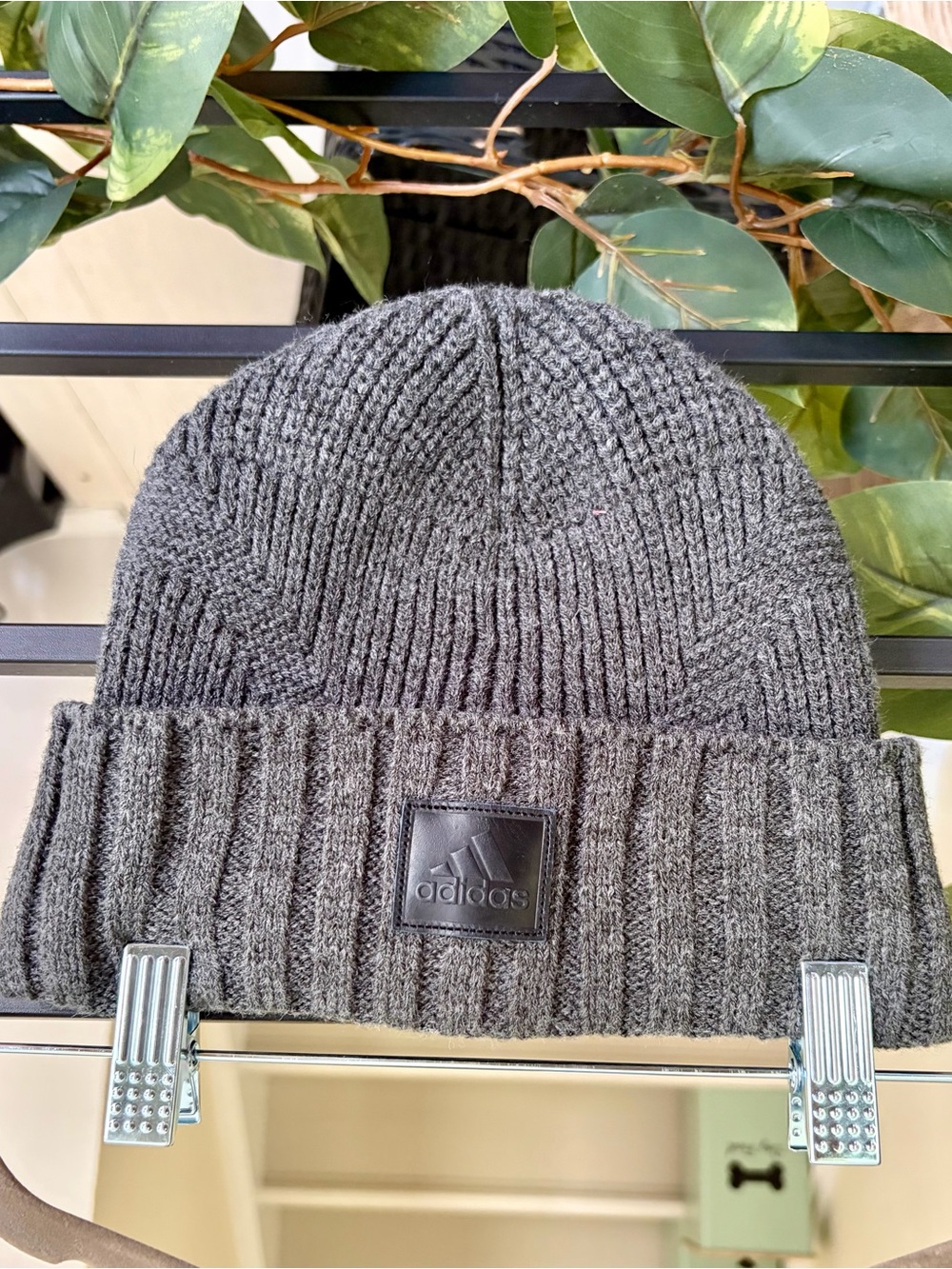 Adidas Gray Ribbed Knit Cuffed Beanie Logo Patch